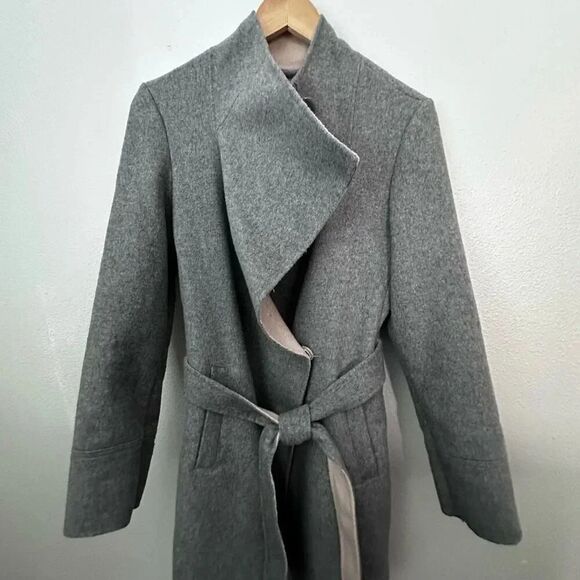 LAUNDRY BY SHELLI SEGAL | Wool Blend Wrap Trench Coat Gray Nude Belt | Small - Picture 7 of 10